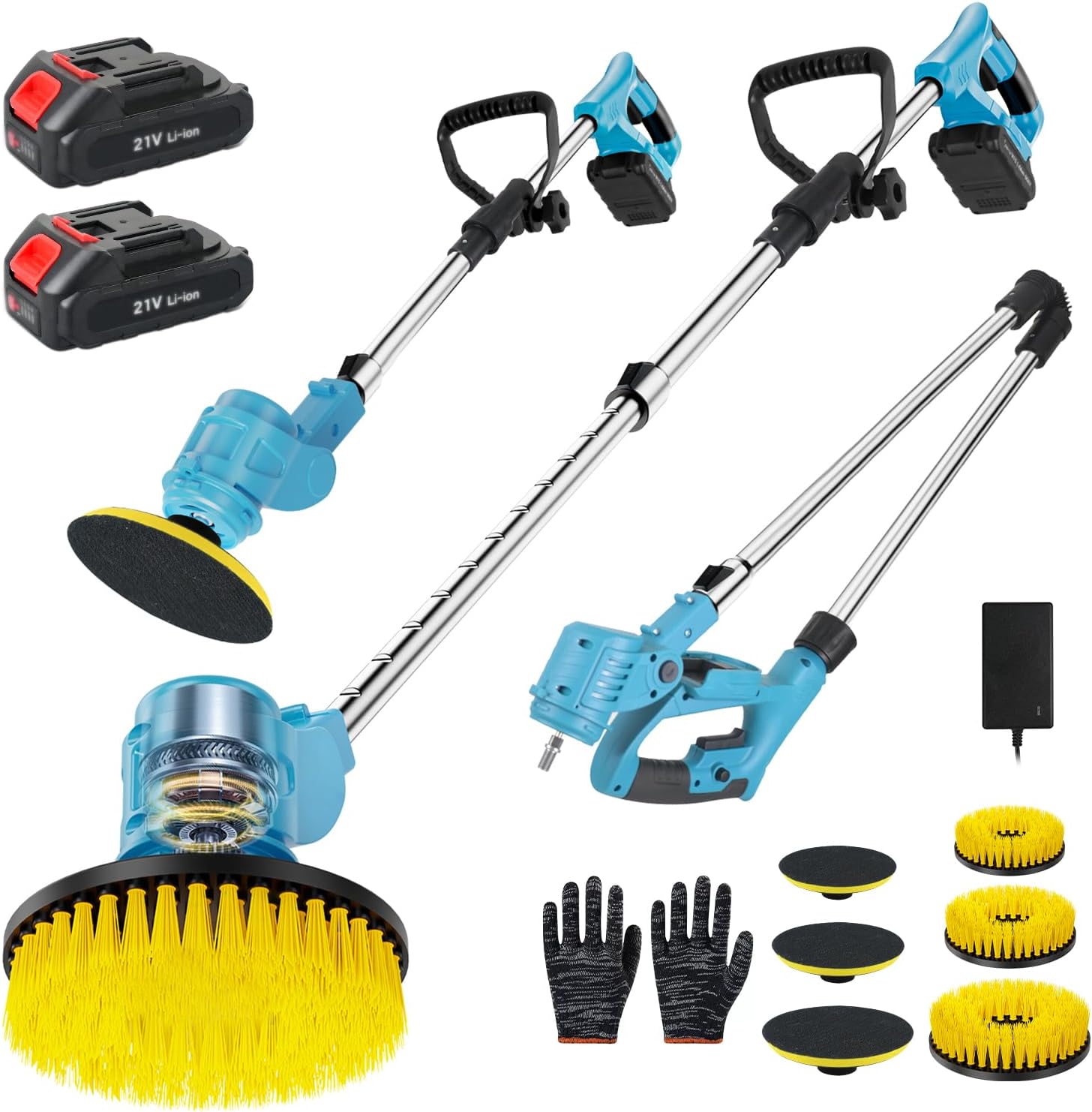 Electric Spin Scrubber Extra Long Foldable,Cordless Rechargeable Spin Scrubber Battery Power 21V,1800RPM Cordless Electric Power Scrubber with 6 Brushes for Bath/Tub/Tile/Floor/Walls